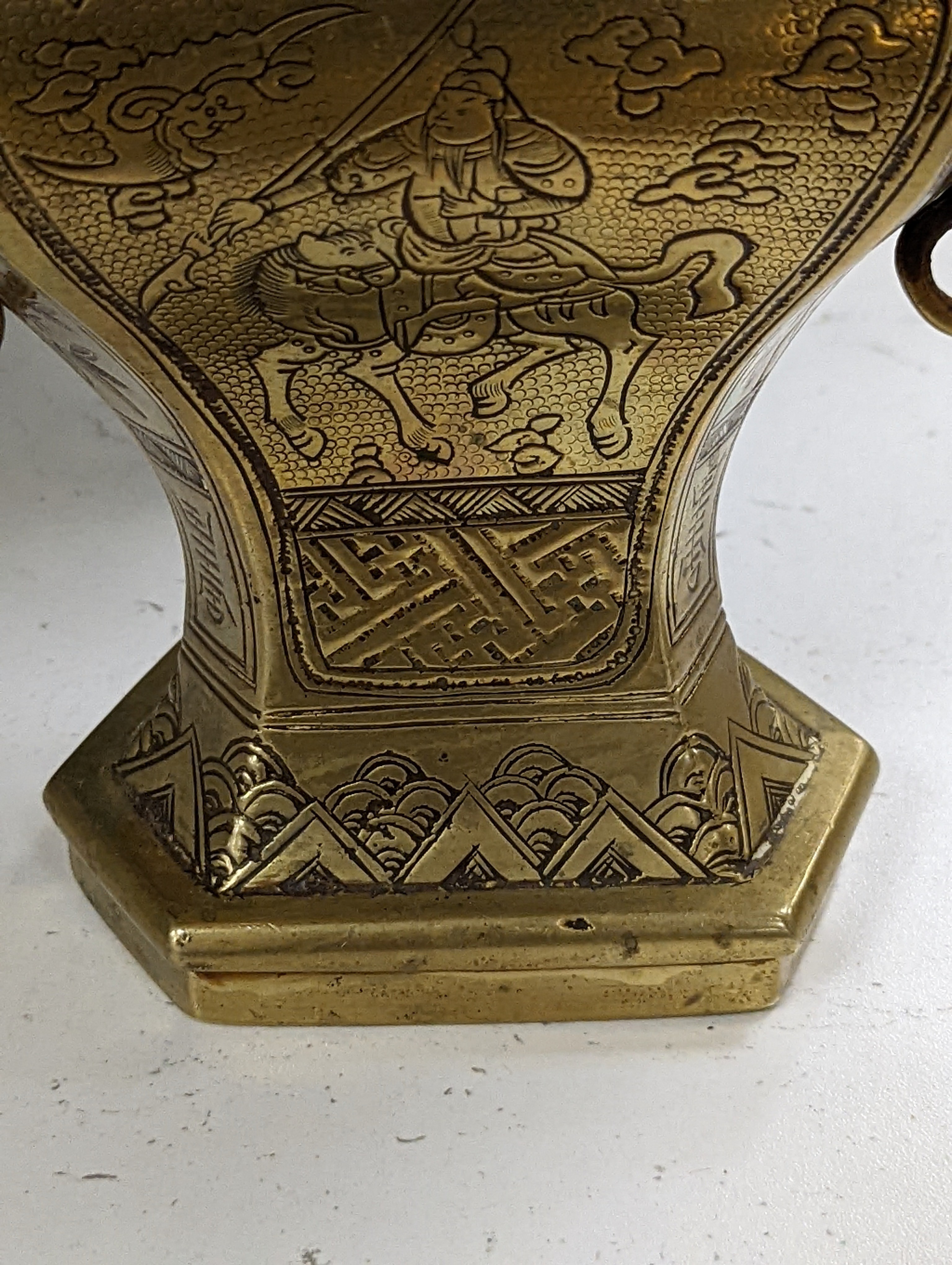 Two early 20th century Chinese bronze vases and a similar tray, 35cm diam.